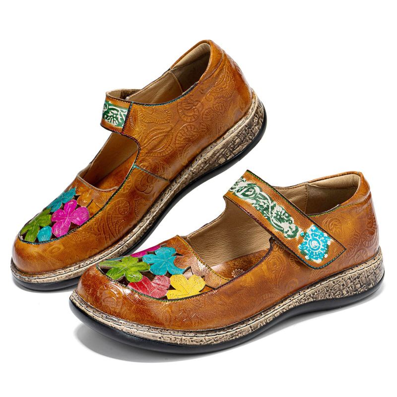 Aito Nahka Käsintehdyt Retro Etniset Värikkäät Kukat Ontot Pehmeät Mukavat Mary Jane Tasaiset Kengät