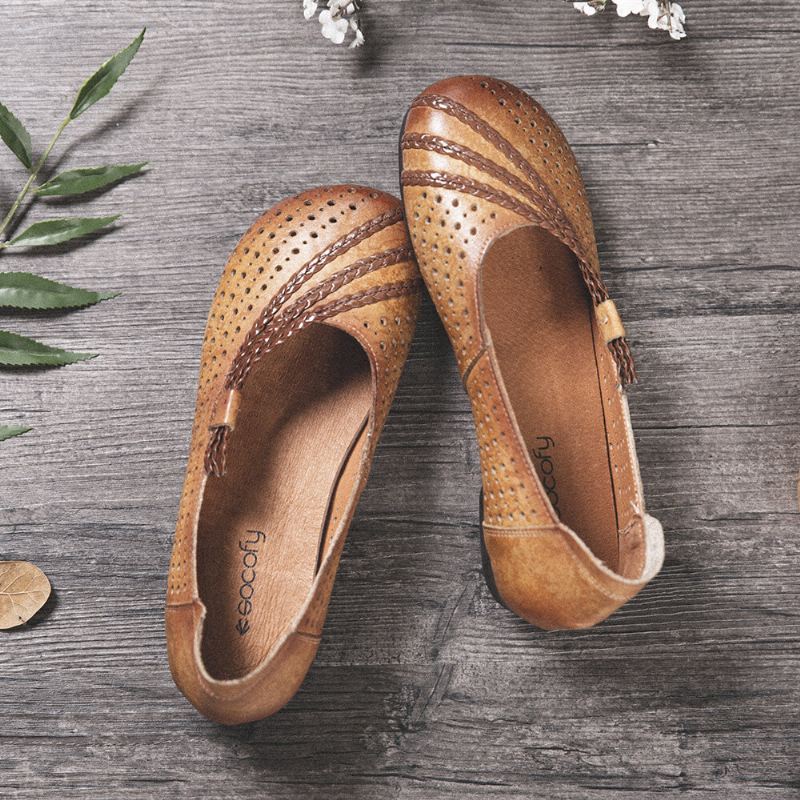 Kiillotetut Leikkaukset Punottu Pyöreä Varvas Slip-on Pehmeää Nahkaa Litteät Kengät