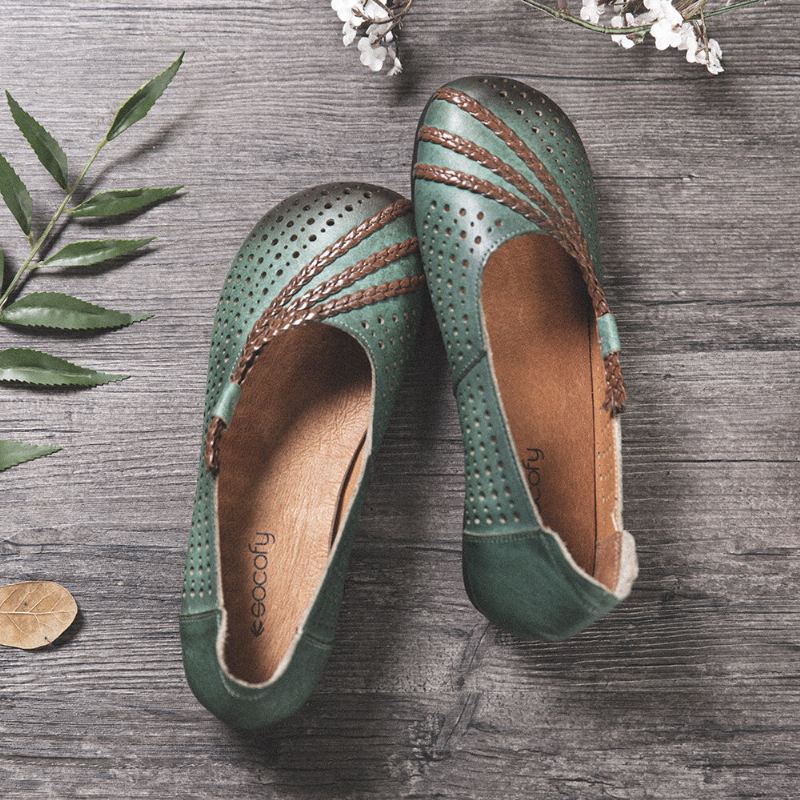 Kiillotetut Leikkaukset Punottu Pyöreä Varvas Slip-on Pehmeää Nahkaa Litteät Kengät