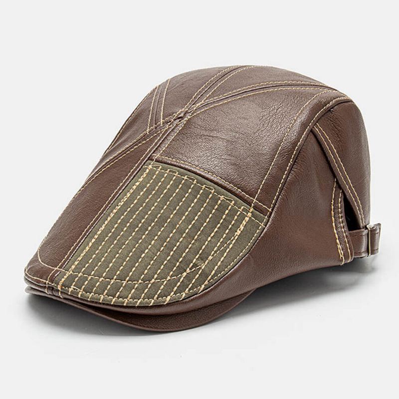 Collrown Miesten Pu Nahka Stitch Stripes Baretti Lippalakki Retro Säädettävä Laadukas Newsboy Cap Litteä Lippalakki