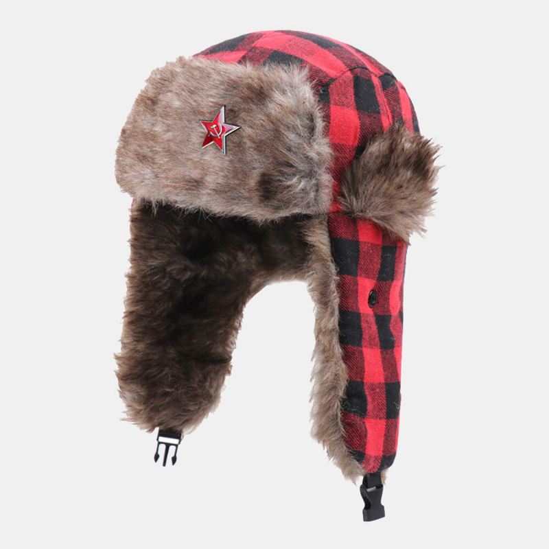 Miesten Pehmo Ruudullinen Neuvostoliiton Merkki Tuulenpitävä Vedenpitävä Ushanka Hattu Ulkoilu Paksu Kuulosuojaus Lämmin Trapper Hattu