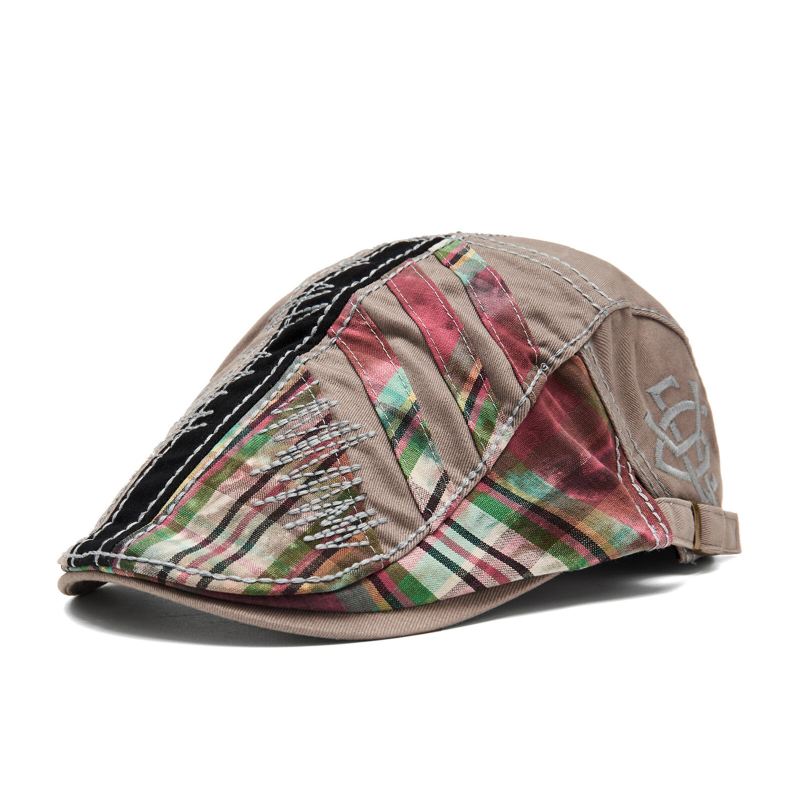 Miesten Puuvilla Ulkona Spliced Plaid Panel Visiiri Vintage Hattu Baretti Litteä Lippalakki