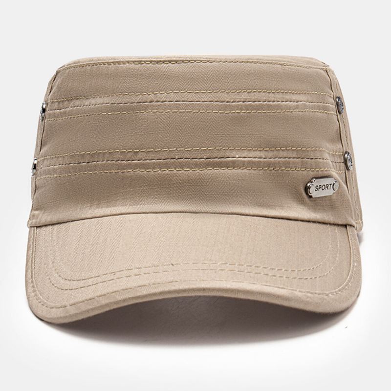 Miesten Puuvillainen Säädettävä Hihna Armeijan Lippis Kadettihattu Metallimerkki Design Military Cap Litteä Top Cap