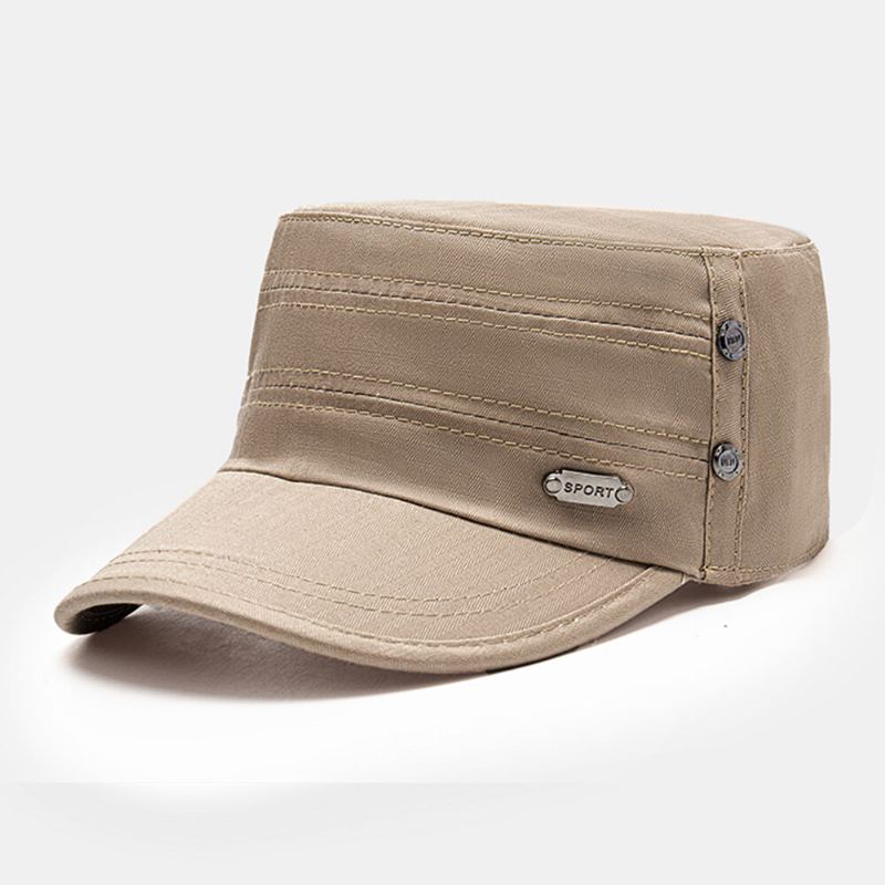 Miesten Puuvillainen Säädettävä Hihna Armeijan Lippis Kadettihattu Metallimerkki Design Military Cap Litteä Top Cap
