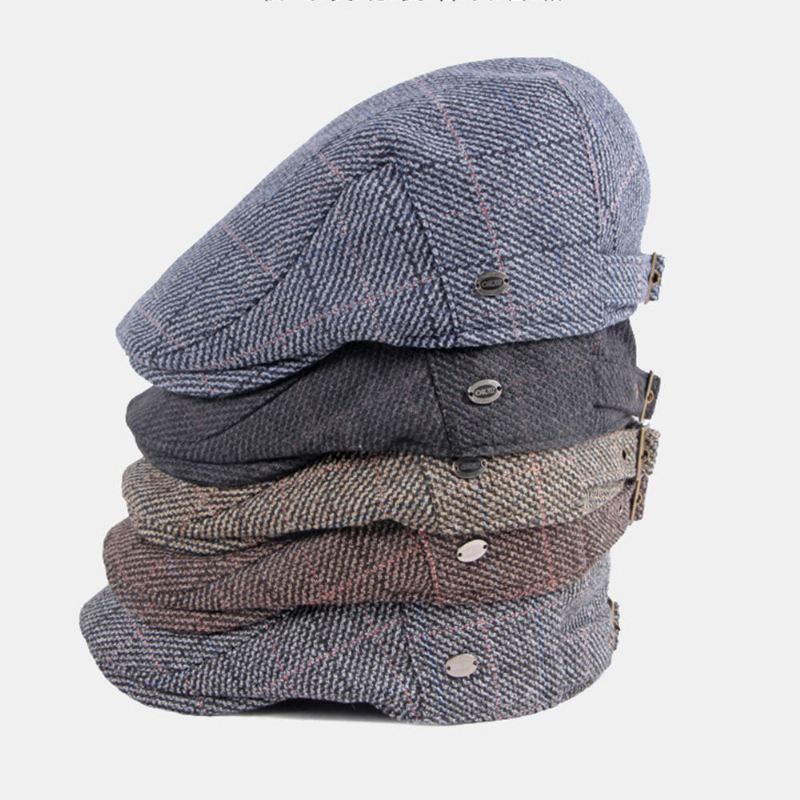 Miesten Puuvillanvärinen Ristikkokuvio Plus Samettilämpimät Baretit Brittiläinen Retro Casual Aurinkovarjo Eteenpäin Hattu Lehtipoikahattu
