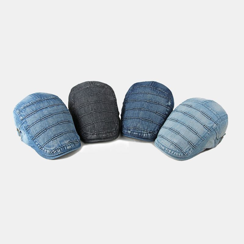 Miesten Sanomalehtipäällikkö Pesty Denim Kiinteät Raidalliset Ompeleet Rento Etuhattu Baretti Tasainen Lippalakki