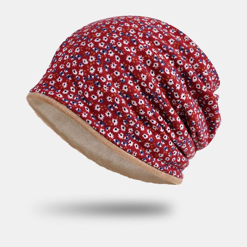Naisten Cotton Plus Velvet Overlay Kukkakuvioprintti Lämmin Tuulenpitävä Kaksikäyttöinen Ruokalappu Huivi Pipohattu