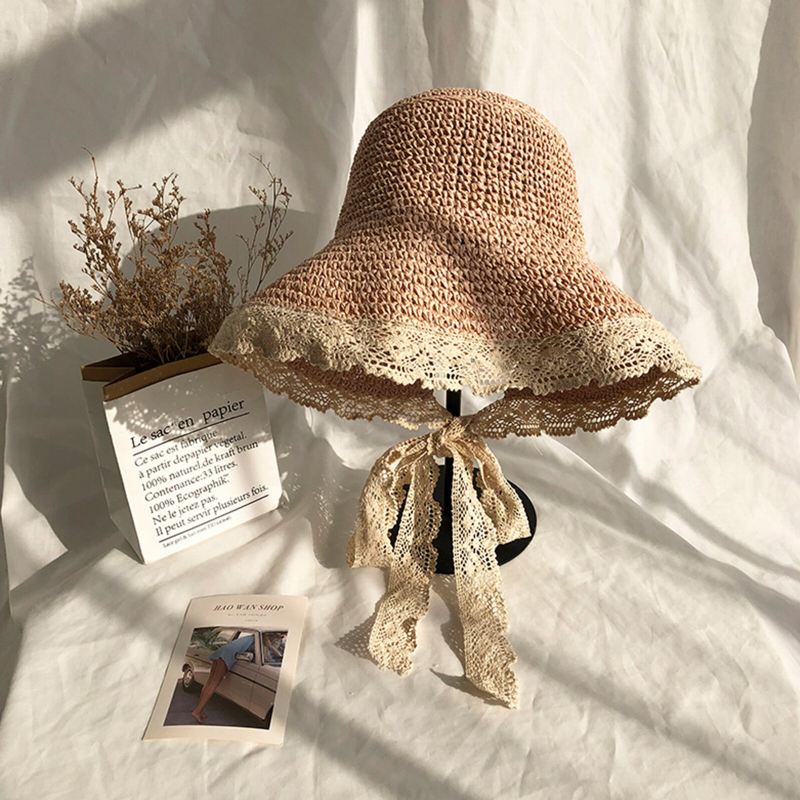 Naisten Olki Vapaa-aika Loma Monipuolinen Hengittävä Varjostin Käsin Kudottu Pitsi Olkihattu Tour Beach Bucket Cap