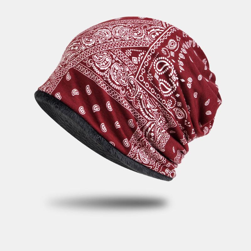 Naisten Puuvilla Plus Velvet Kaksikäyttöiset Vintage Cashew Kukat Print Tuulenpitävä Lämmin Bib Huivi Pipo Hattu Baotou Hat