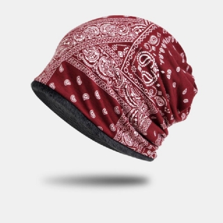 Naisten Puuvilla Plus Velvet Kaksikäyttöiset Vintage Cashew Kukat Print Tuulenpitävä Lämmin Bib Huivi Pipo Hattu Baotou Hat