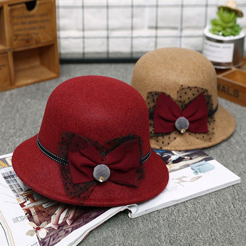 Naisten Talvi Ulkoilu Viileä Suojaus Lämmin Silinteri Huopa Rusetti Koriste Pitsi Fedora Hattu Bucket Hat