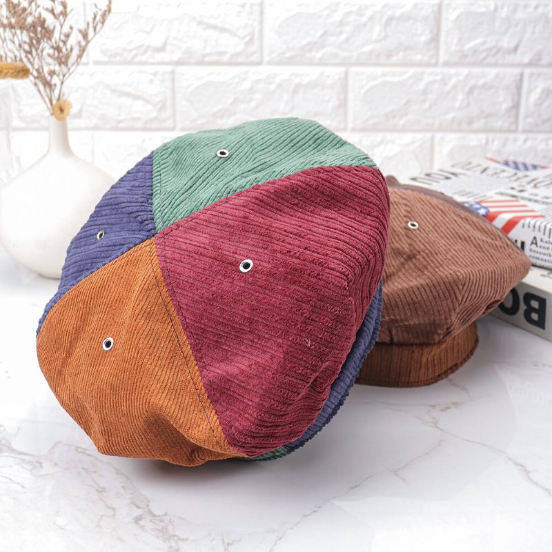 Naisten Vakosametti Lämmin Patchwork Väri Maalari Hattu Baretti Hattu Kahdeksankulmainen Hattu