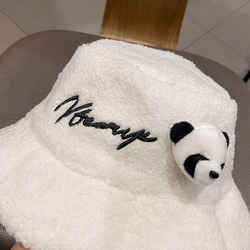 Unisex-ämpärihattu Pehmokirjonta Panda-nukkekoristeltu Täysin Sopiva Lämmin Ämpärihattu