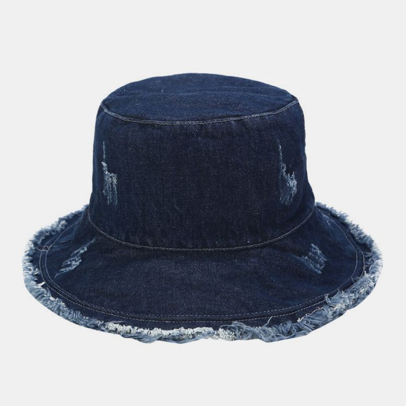 Unisex Denim Kokoontaitettava Rikki Reikiä Tupsu Tehty Vanha Retro Muoti Ulkoilu Aurinkovarjo Ämpäri Hattu
