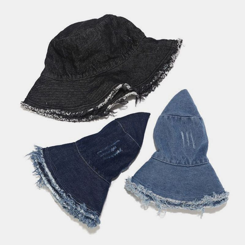 Unisex Denim Kokoontaitettava Rikki Reikiä Tupsu Tehty Vanha Retro Muoti Ulkoilu Aurinkovarjo Ämpäri Hattu