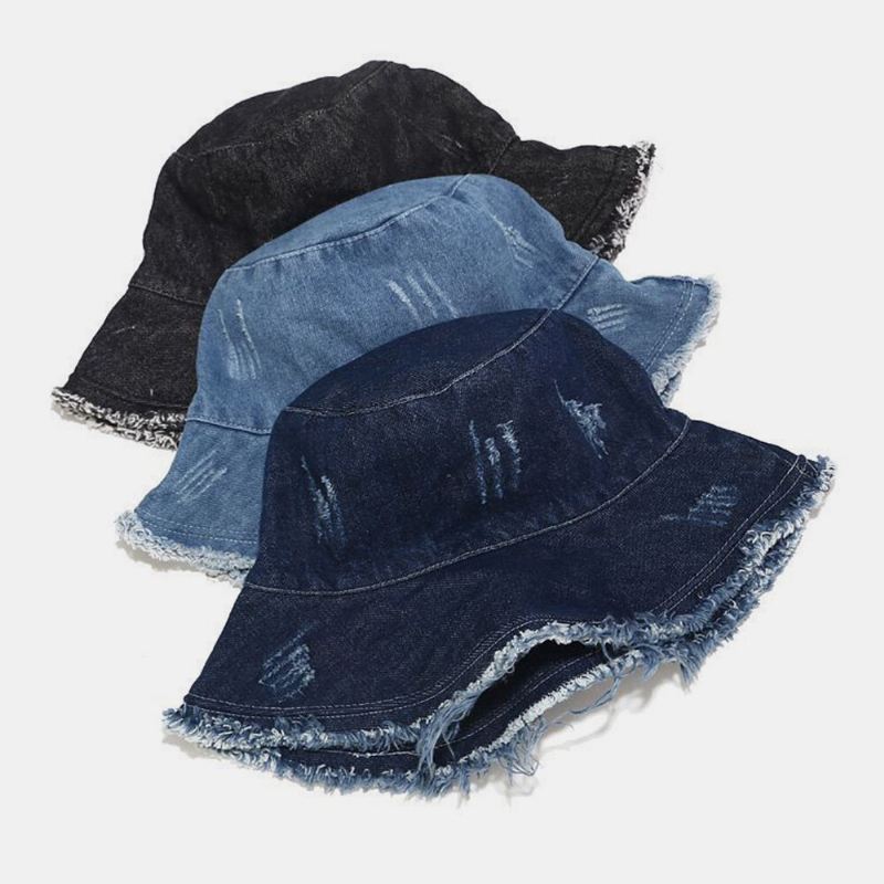 Unisex Denim Kokoontaitettava Rikki Reikiä Tupsu Tehty Vanha Retro Muoti Ulkoilu Aurinkovarjo Ämpäri Hattu