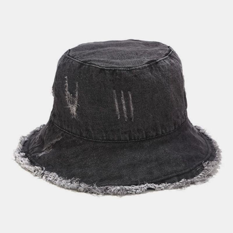 Unisex Denim Kokoontaitettava Rikki Reikiä Tupsu Tehty Vanha Retro Muoti Ulkoilu Aurinkovarjo Ämpäri Hattu