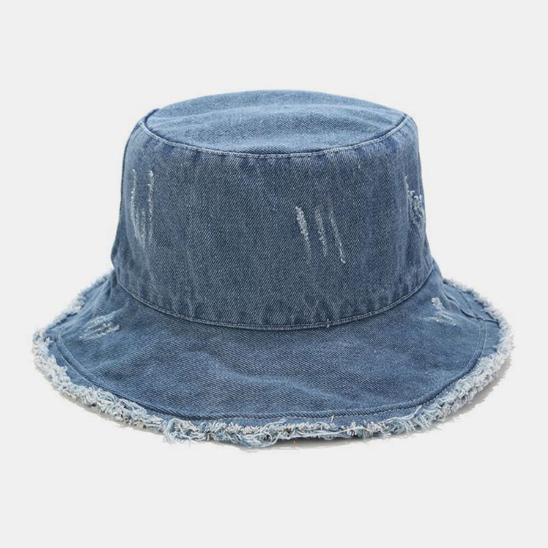 Unisex Denim Kokoontaitettava Rikki Reikiä Tupsu Tehty Vanha Retro Muoti Ulkoilu Aurinkovarjo Ämpäri Hattu