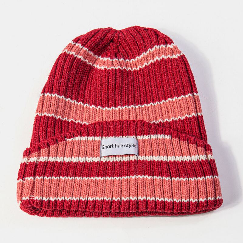 Unisex-neulottu Hattu Väri Kontrasti Raidallinen Kirjainkuvio Etiketti Reunaton Pipo Landlord Cap Skull Cap
