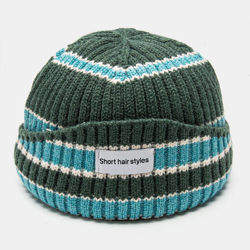 Unisex-neulottu Hattu Väri Kontrasti Raidallinen Kirjainkuvio Etiketti Reunaton Pipo Landlord Cap Skull Cap