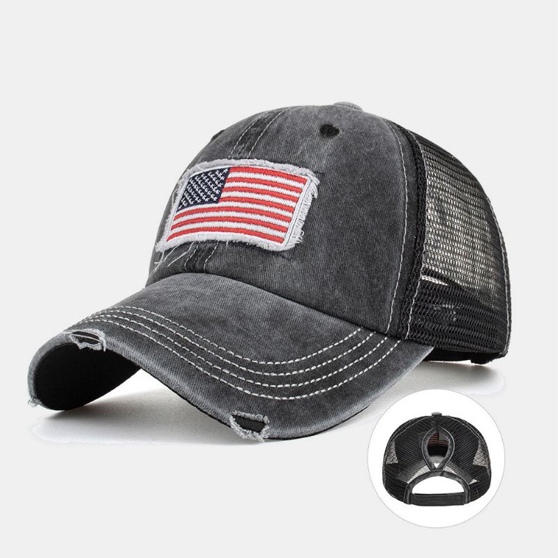 Unisex Pesty American Flag Patch Ponytail Baseball Cap Mesh Hengittävä Casquette Kesä Snapback Hat