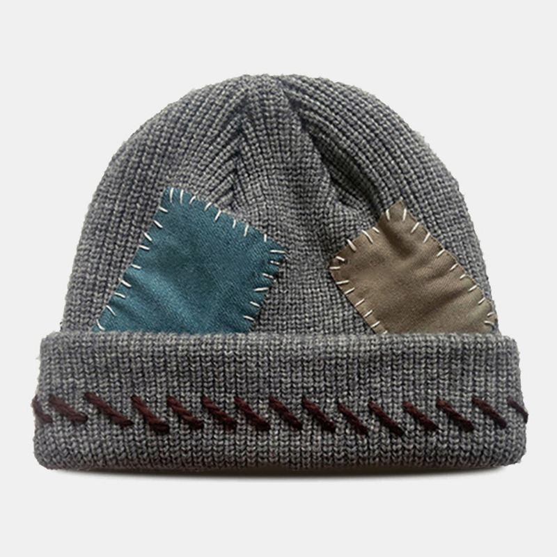 Unisex Pipo Hatut Neulottu Väri Kontrasti Ommel Kangas Patch Vintage Warmth Landlord Cap Skull Cap