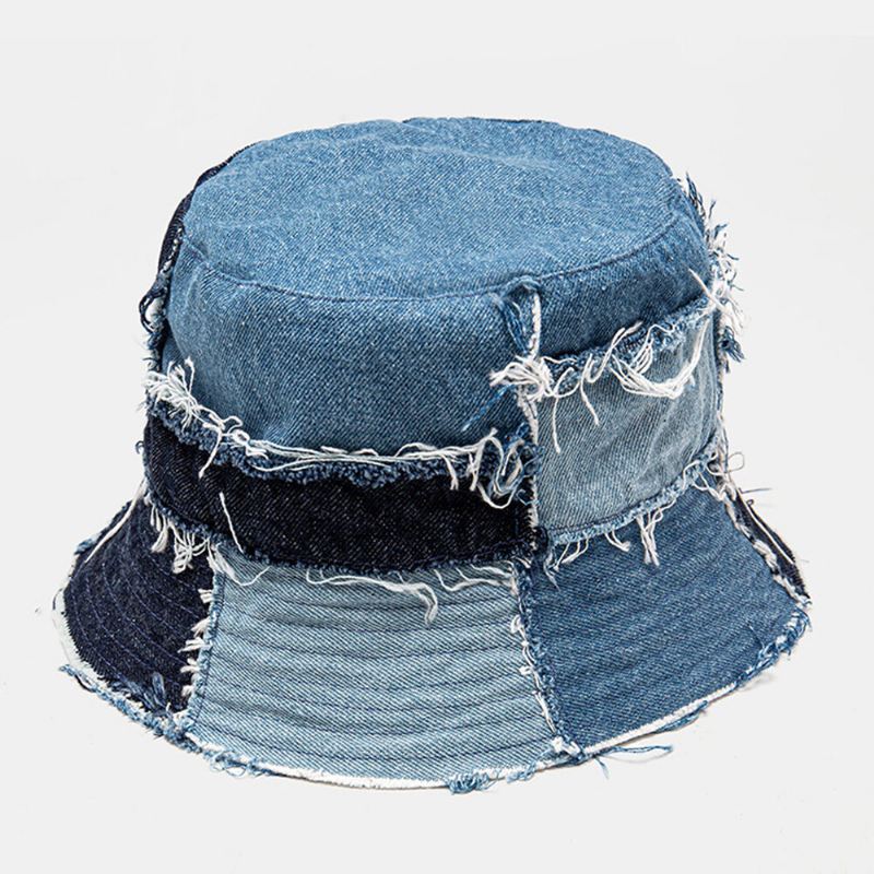 Unisex-ruudullinen Colorblock Denim Distressed Rispaantunut Reuna Rento Aurinkovarjo Taitettavat Tasaiset Hatut Ämpärihatut