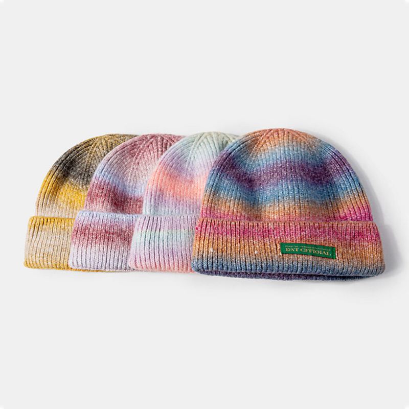 Unisex Skull Cap Neulottu Solmiovärjäys Gradientti Väri Kirjaimet Tarra Outdoor Lämpö Dome Brimless Landlord Cap Merimies Cap Skull Cap