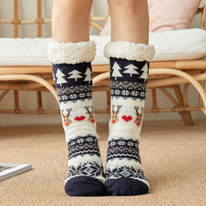 Naisten Puuvilla Lämmin Talvi Ulkoilu Joulu Style Pattern Plus Velvet Thicken Home Sleep Socks Tube Sukat